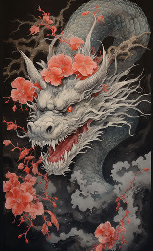 Dragon tattoo, black, red and flaming, silk painting style