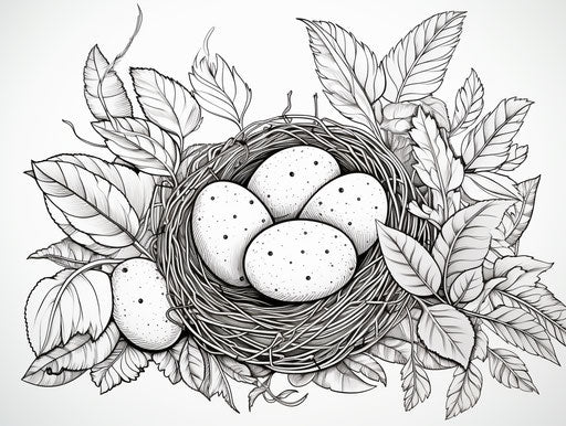 Eggs and leaves in a wreath on white background