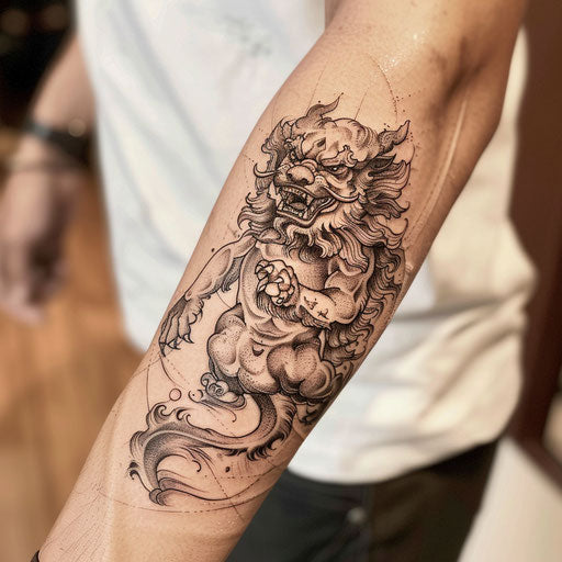 Foo dog tattoo sketch on clean white surface