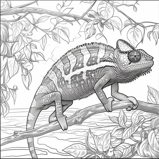 Chameleon resting on a vine with a scenic background