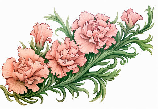Pink carnations with green leaves in an abstract drawing