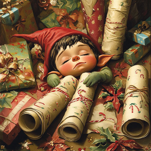 Sleepy elf wrapping gifts late into the night