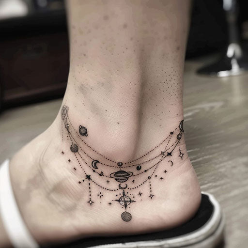 Flat tattoo sketch of an ankle bracelet with celestial bodies