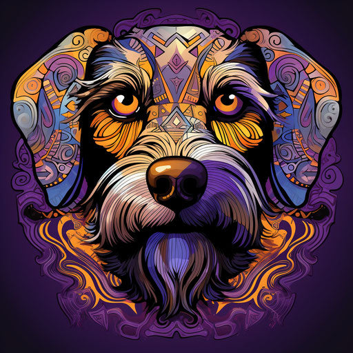 Schnauzer Dachshund stylized purple and gold patterns drawing