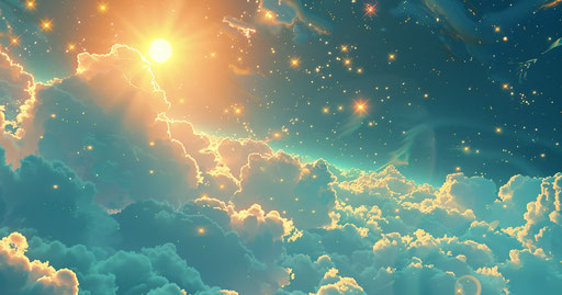 Starry sky with suns and clouds, cybermysticpunk style