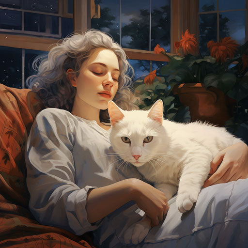 White cat sleeping on a couch with its owner