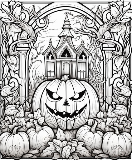 Black and white Halloween coloring page, graphic style 5:6