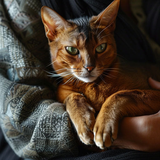 Abyssinian cat being held by its owner