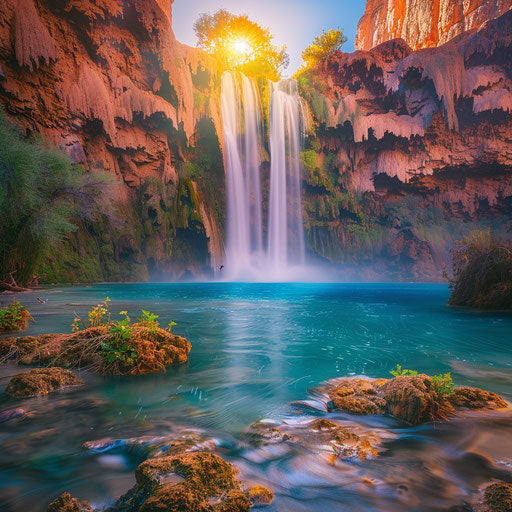 Havasu Falls surrounded by vibrant tropical vegetation