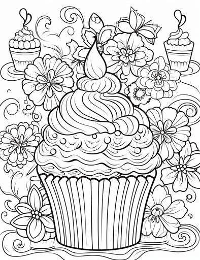 Cupcake coloring page with happy birthday and images on the background