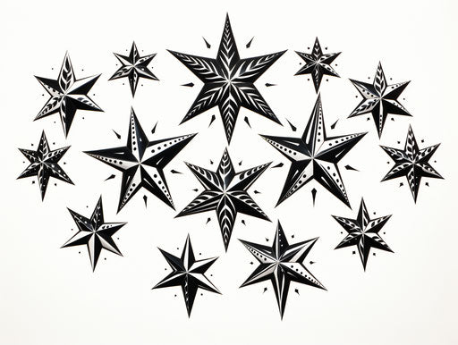 Black stars on white background, tattoo style, aurorapunk