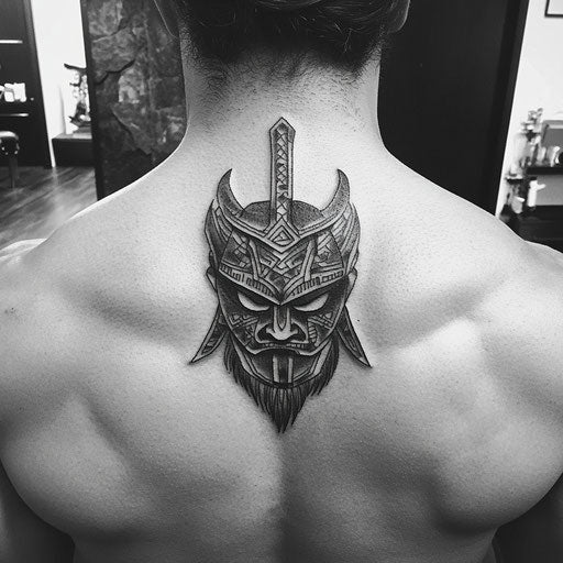 Tribal tattoos for men with warrior mask on upper back