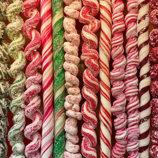 Festive holiday market stall with various colorful candy canes