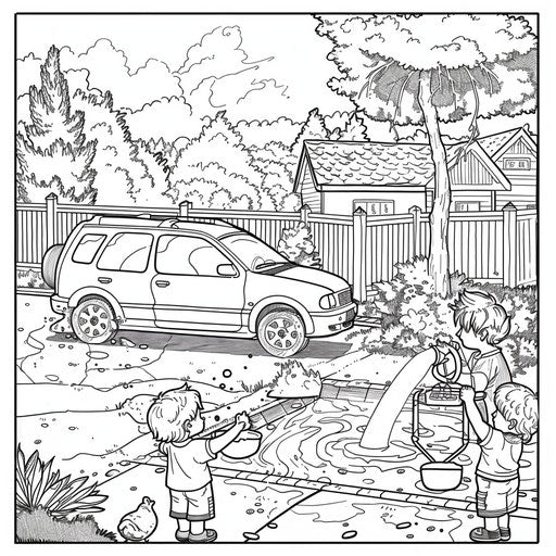 Kids washing a sunny car - Coloring book page