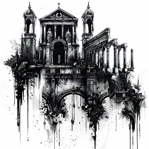 Gothic-style tattoo design with Roman architecture