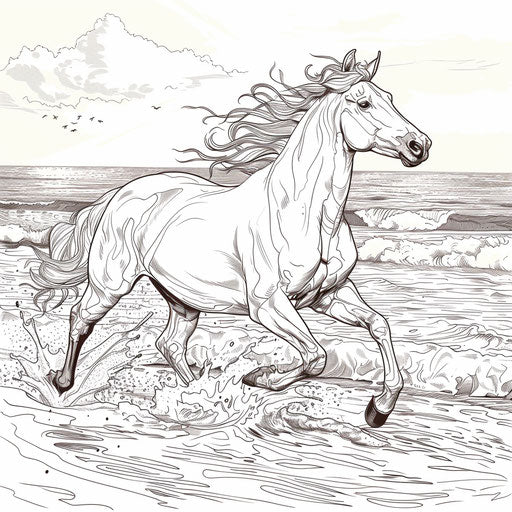 Wild horse galloping on a beach with waves crashing. Coloring book page