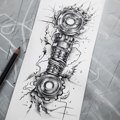 Dynamic flat tattoo sketch of a piston in motion with abstract steam and gear elements