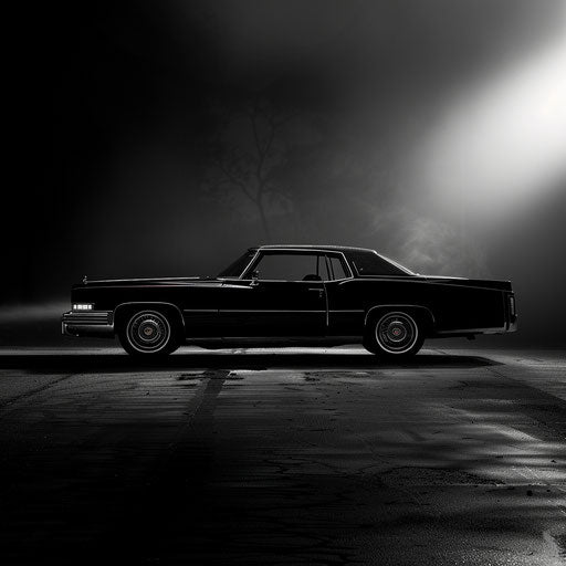 Vintage car in a noir-themed photo with dramatic lighting