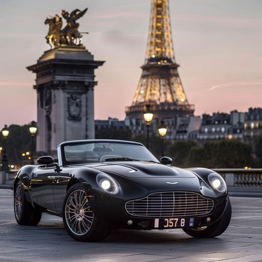Sleek black Aston Martin DB7 Zagato convertible under Eiffel Tower at dusk