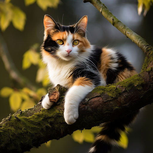 Calico cat lying on a tree branch