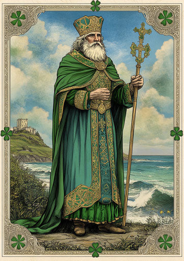 St. Patrick's Day card, full-body portrait of Saint Brynach in green and blue robes with gold accents