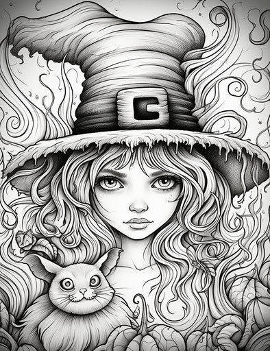 Halloween coloring pages with a witch and a spider