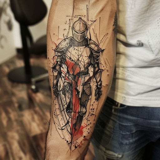 Expressionist tattoo sketch of a knight in agony