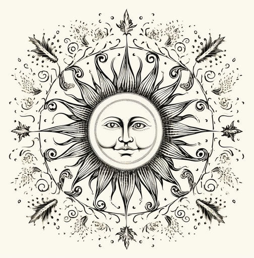 Full face of the sun, victorian-inspired illustrations, black-and-white graphic