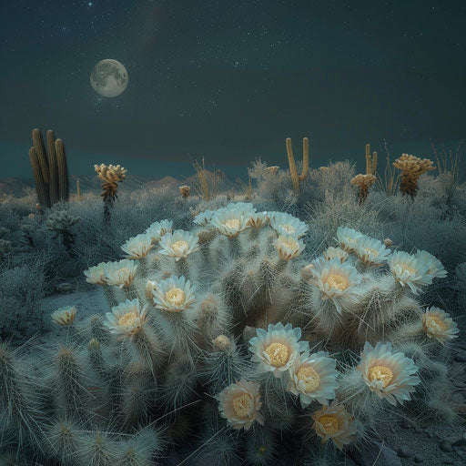 Blooming cacti under moonlight, magical desert scene