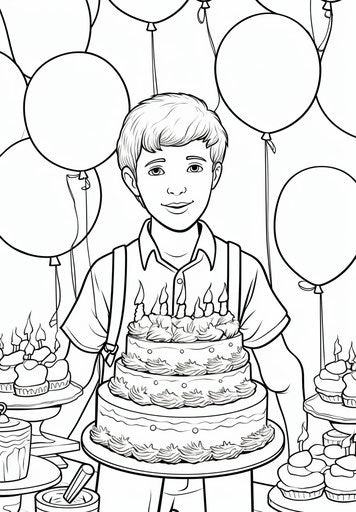 Happy birthday coloring page with cake and balloons