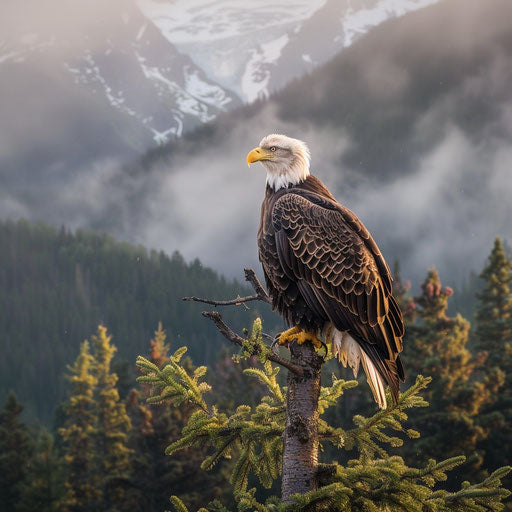 American eagle on rugged pine branch overlooking misty mountains at dawn