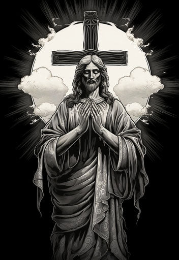 Vintage black and white cross with prayer hands