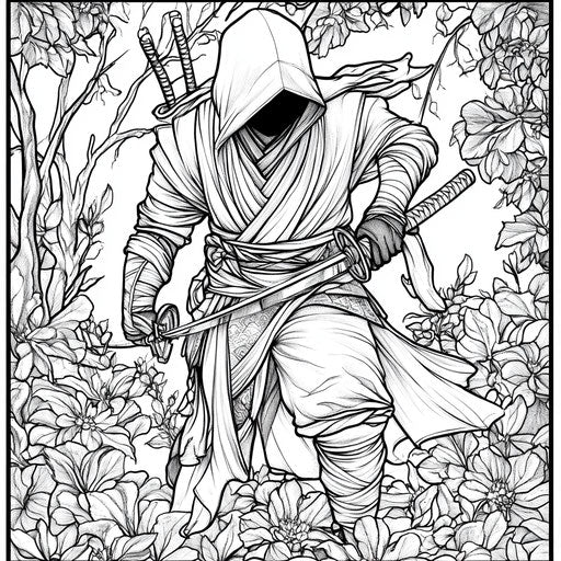 Ninja blending into shadows, Mindy Sommers style, coloring page