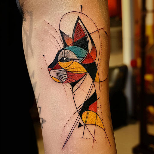 Sleek tattoo sketch of a cat's silhouette with geometric shapes, vibrant colors