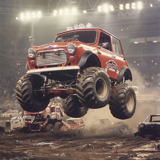 Mini Cooper monster truck crushing cars at rally