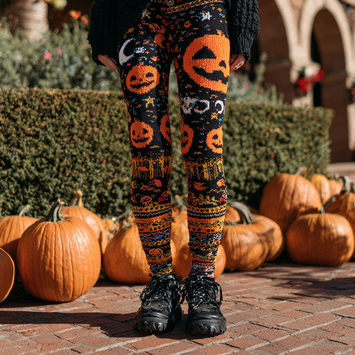 Person standing outdoors in festive Halloween leggings