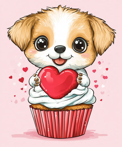 Cute Valentine's Day puppy with heart-shaped cookie