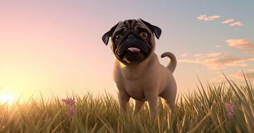 Pug dog looking at the sun on the grass