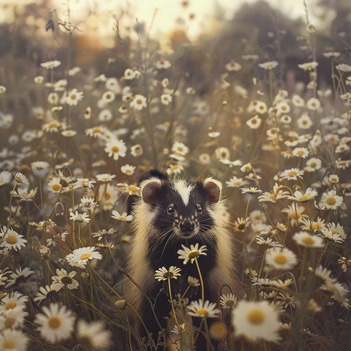 A skunk standing in a field of daisies in the style of Gregory Colbert