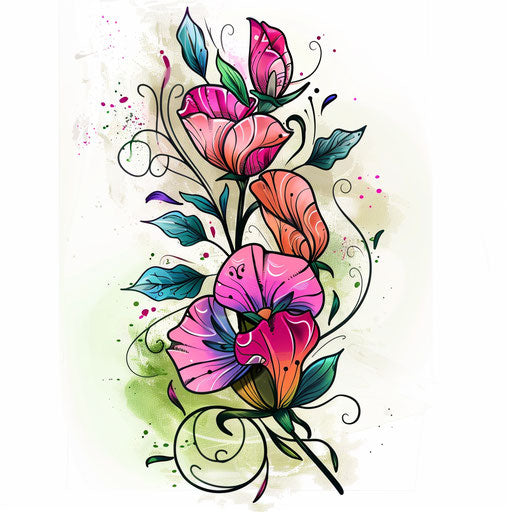 Nature-inspired tattoo sketch in clipart style of a sweet pea, with elements of folk art and bright color accents