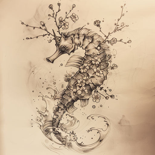 Japanese ink style seahorse tattoo sketch with waves