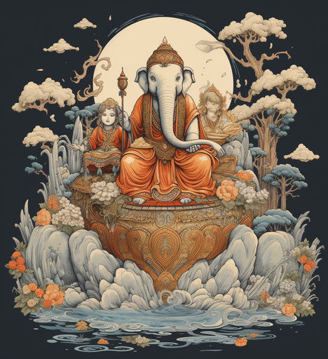 Buddha on an elephant, editorial cartooning style, detailed costumes