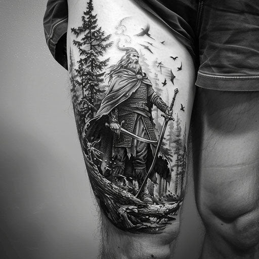 Epic fantasy thigh tattoos for men with wizards and enchanted forests
