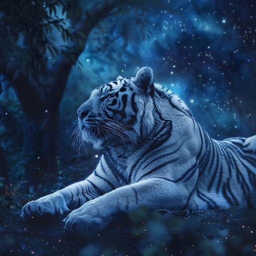 The solemn beauty of a white tiger under the stars