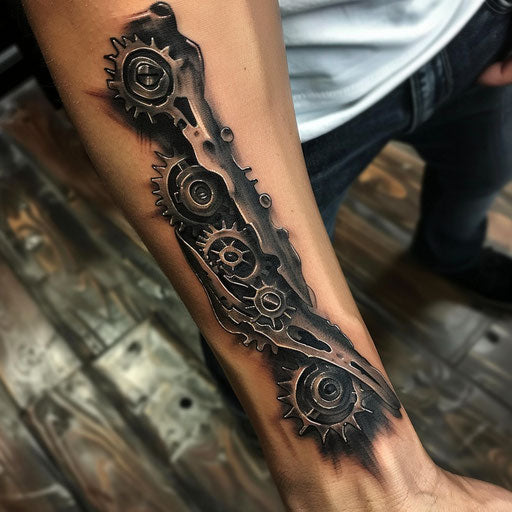Men's wrist tattoos with biomechanical gears Aitchison style