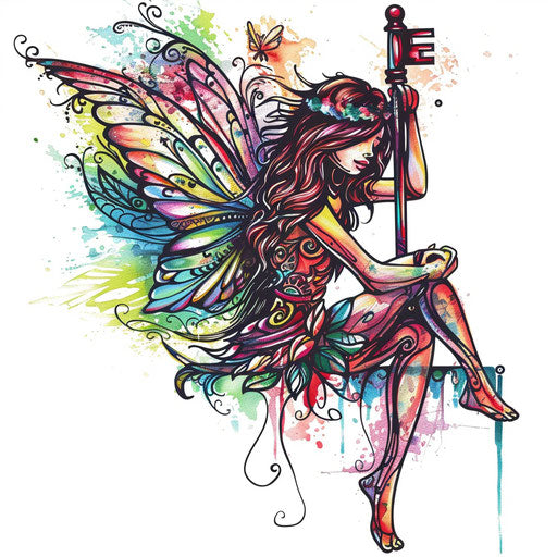Whimsical tattoo sketch of a fairy sitting on a key