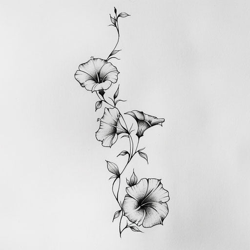 Minimalist black and white tattoo sketch with delicate morning glory vines