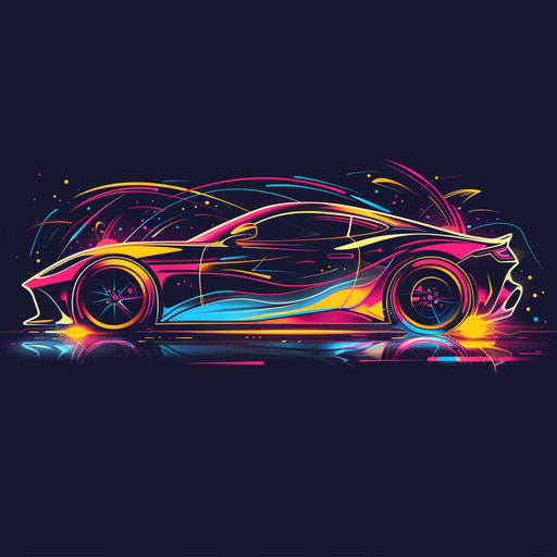 Exotic clipart style flat tattoo sketch of a sports car with neon highlights and abstract patterns