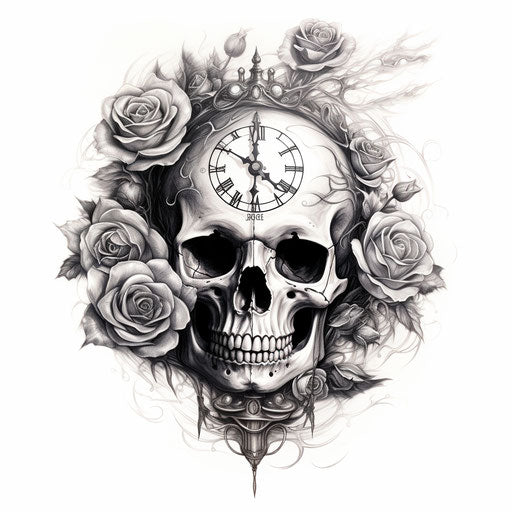 Black and white tattoo of a skull, roses and a clock, photoillustration style
