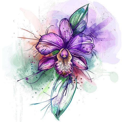Hawaiian orchid tattoo sketch with watercolor splashes